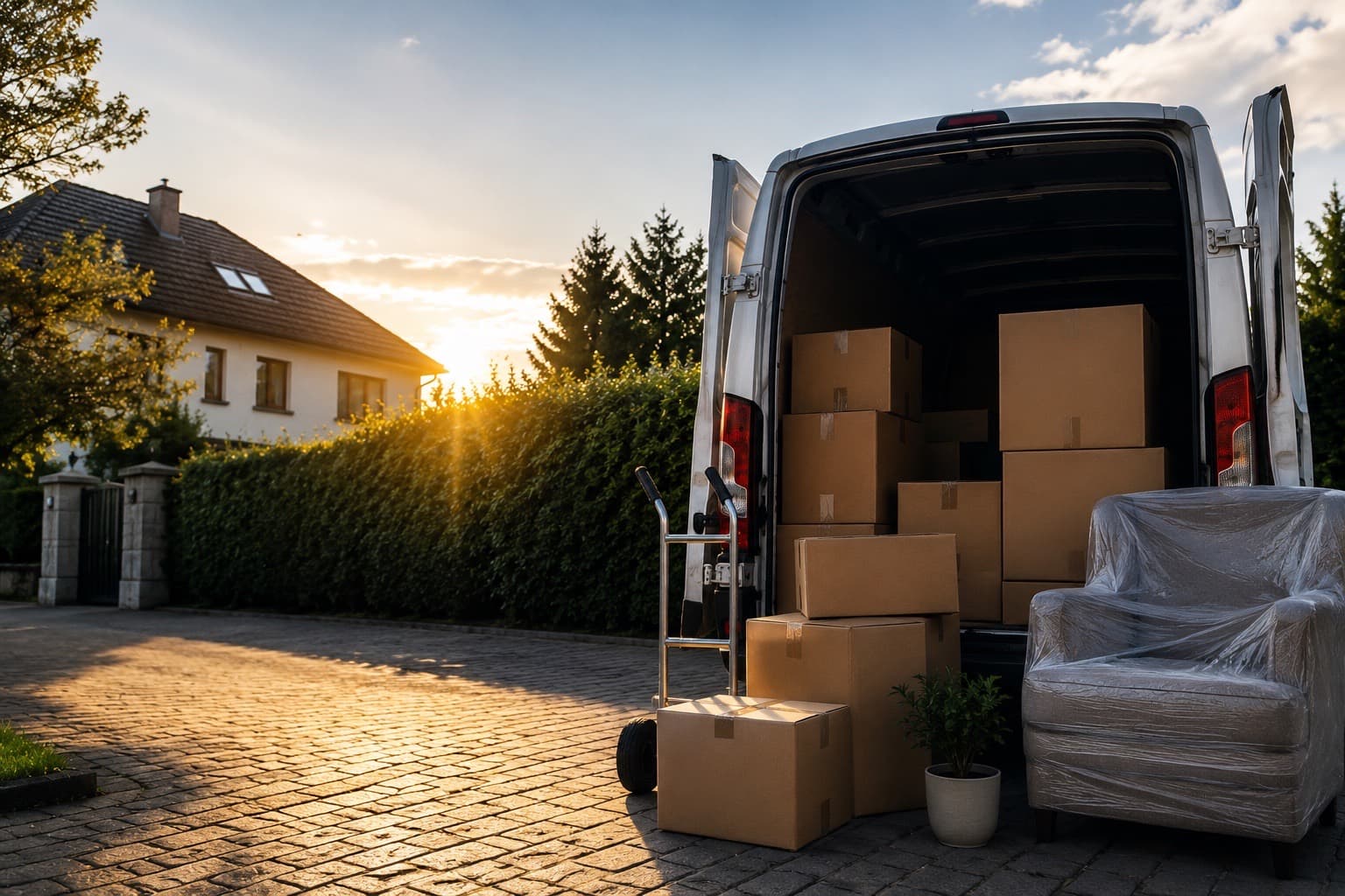 Transporter mit Umzugskartons und verpacktem Sessel vor einem Wohnhaus